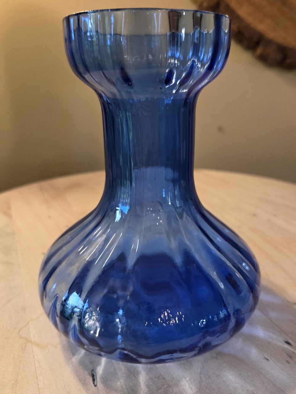 Vintage Cobalt Blue Handblown Swirl Ribbed Glass Bud Vase Bulb Forcing Hyacinth